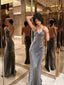 Elegant Gray Spaghetti Strap Mermaid Long Prom Dress Ideas, Evening Party Dresses, OLP1347