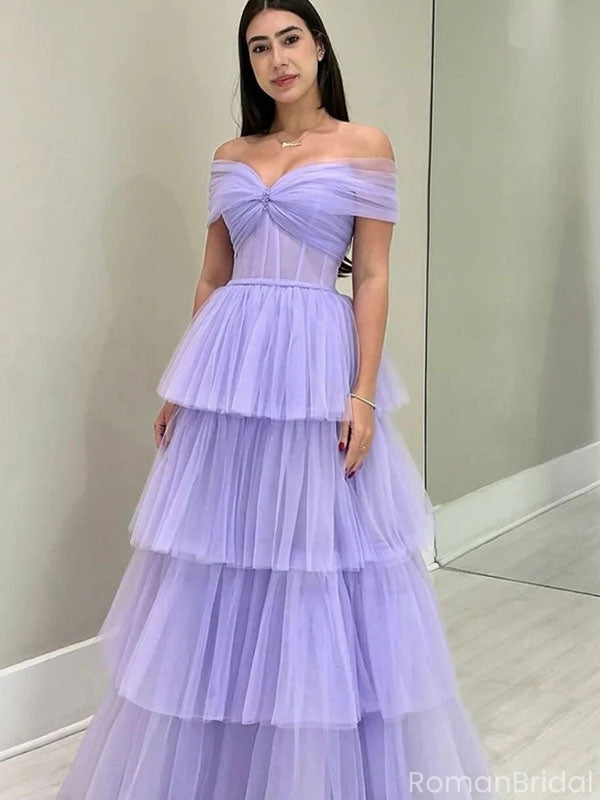 Elegant Purple Off-Shoulder A-Line Long Prom Dress Ideas, Evening Party Dresses, OLP1267