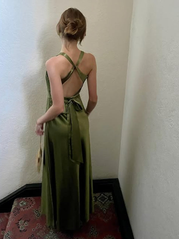 Sexy V-neck Sleeveless Mermaid Satin Evening Prom Dresses Online, OLP1134