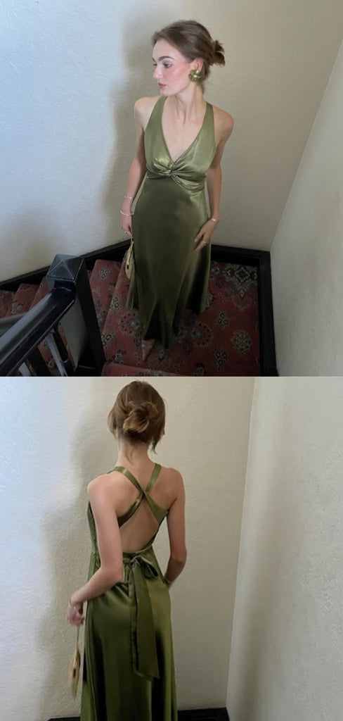 Sexy V-neck Sleeveless Mermaid Satin Evening Prom Dresses Online, OLP1134