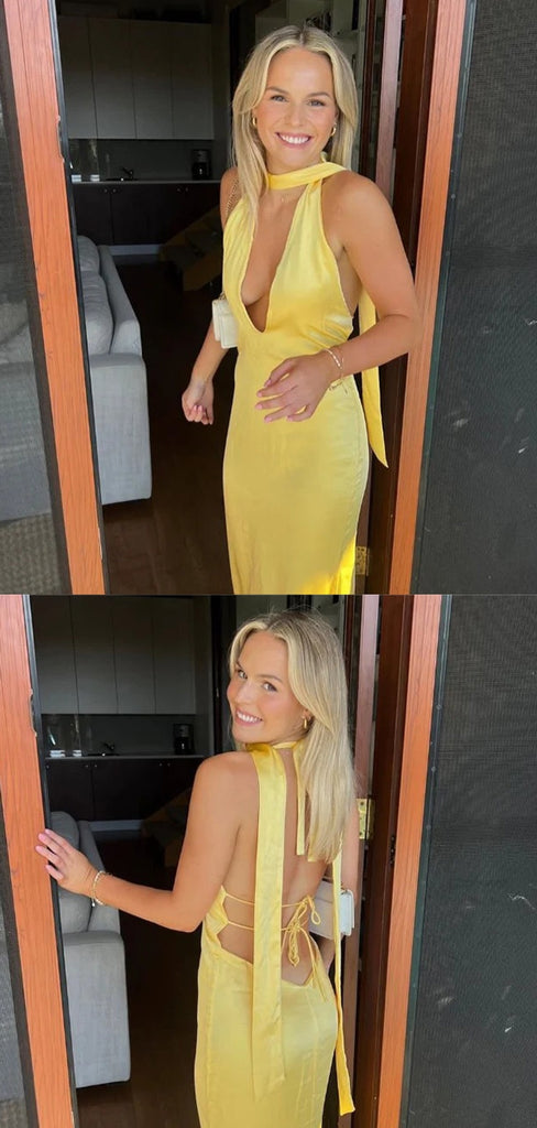 Sexy V-neck Sleeveless Mermaid Satin Evening Prom Dresses Online, OLP1138