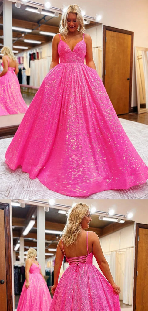 Sexy Spaghetti Strap V-neck Sequin A-line Long Prom Dress Online, OL302