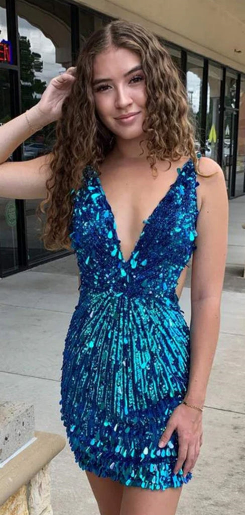 Sexy V-neck Short Sleeveless Sequin Mermaid Homecoming Dresses For Party Online, HD0954