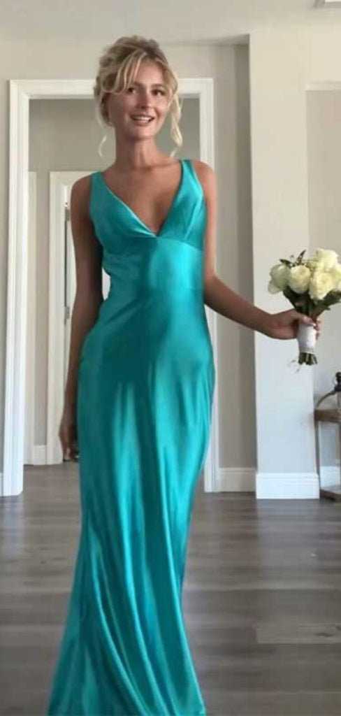 Soft V-neck Sleeveless Mermaid Satin Long Prom Dresses Online, OL506