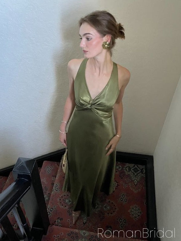 Sexy V-neck Sleeveless Mermaid Satin Evening Prom Dresses Online, OLP1134