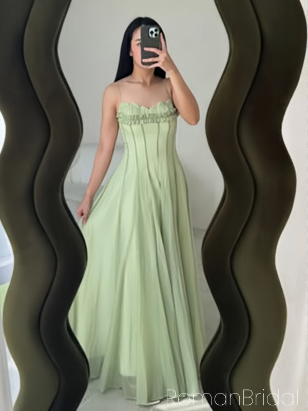 Cute Spaghetti Strap Sleeveless A-line Tulle Evening Prom Dresses Online, OLP1126