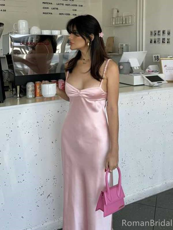 Simple Spaghetti Strap Sleeveless Mermaid Satin Pink Long Prom Dresses Online, OL490