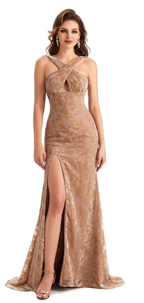 Unique Gold V-Neck Mermaid Side Slit Long Prom Dress Ideas, Evening Party Dresses, OLP1348