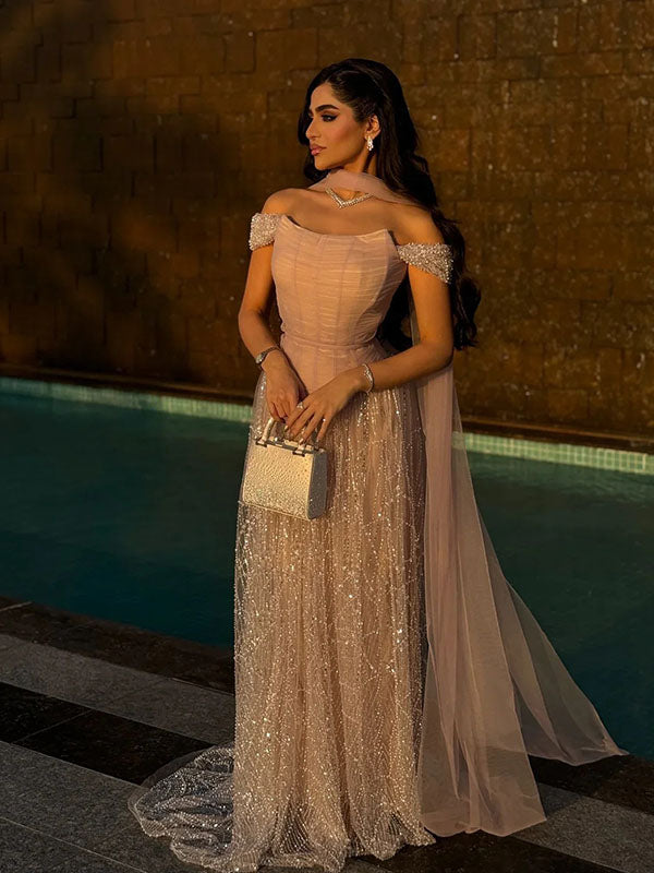 Elegant Pink Off-Shoulder Sleeveless A-Line Long Prom Dress Ideas, Evening Party Dresses ,OLP1196