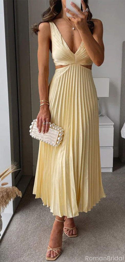 Elegant Yellow V-Neck A-Line Long Prom Dress Ideas, Evening Party Dresses, OLP1361