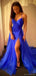 Elegant Blue Spaghetti-Strap A-Line Side Slit Long Prom Dress Ideas, Evening Party Dresses, OLP1268