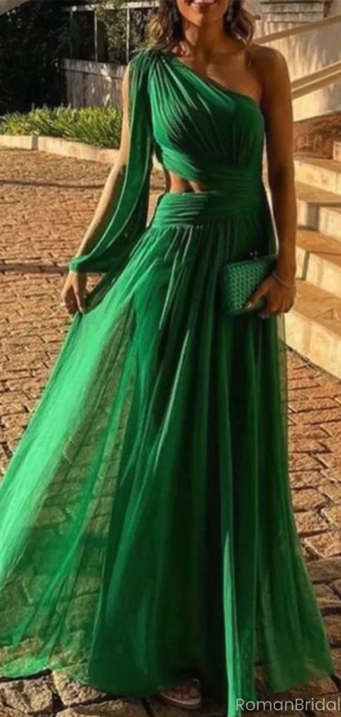 Elegant Green One-Shoulder A-Line Long Prom Dress Ideas, Evening Party Dresses, OLP1277