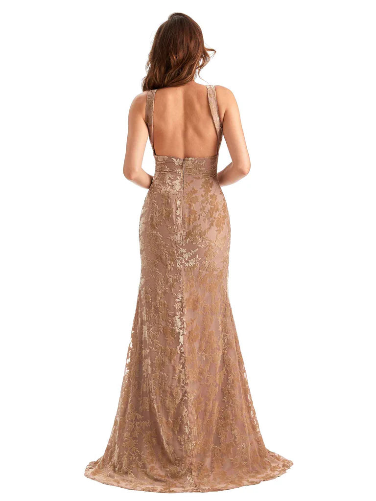 Unique Gold V-Neck Mermaid Side Slit Long Prom Dress Ideas, Evening Party Dresses, OLP1348