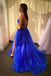 Elegant Blue Spaghetti-Strap A-Line Side Slit Long Prom Dress Ideas, Evening Party Dresses, OLP1268