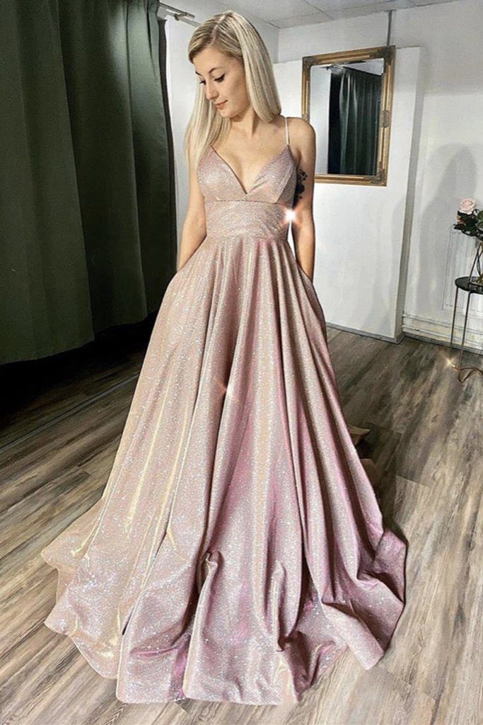 Shiny Pink Spaghetti Strap A-Line Long Prom Dress Ideas, Evening Party Dresses, OLP1285