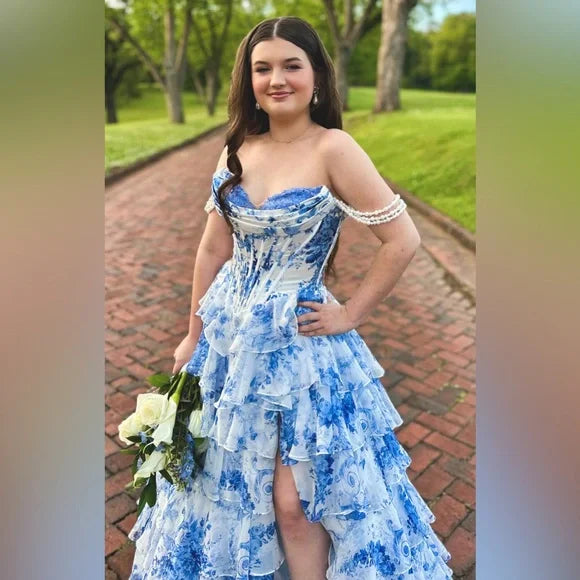 Elegant Blue Off-Shoulder A-Line Long Prom Dress Ideas, Evening Party Dresses , OLP1235