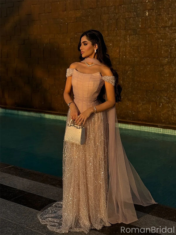 Elegant Pink Off-Shoulder Sleeveless A-Line Long Prom Dress Ideas, Evening Party Dresses ,OLP1196