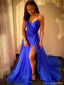 Elegant Blue Spaghetti-Strap A-Line Side Slit Long Prom Dress Ideas, Evening Party Dresses, OLP1268