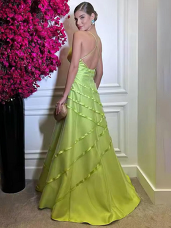 Formal V-neck Sleeveless A-line Satin Evening Prom Dresses Online, OLP967