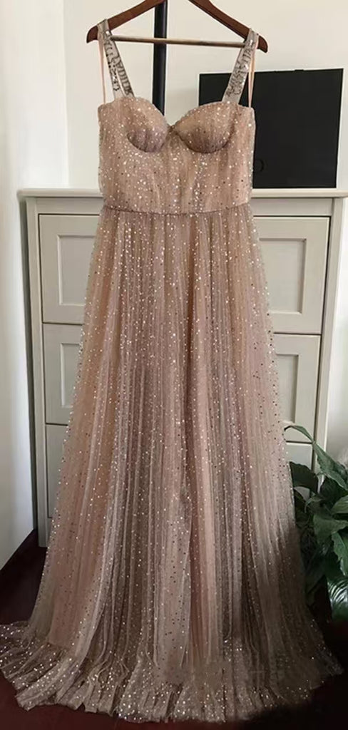 Shiny Gold Spaghetti Strap A-Line Long Prom Dress Ideas, Evening Party Dresses , OLP1242