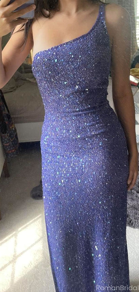 Shiny Blue One-Shoulder Mermaid Long Prom Dress Ideas, Evening Party Dresses, OLP1362