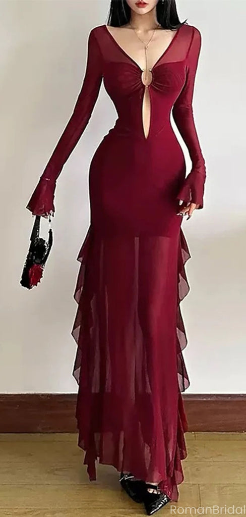 Sexy Red V-Neck Long Sleeve Mermaid Long Prom Dress Ideas, Evening Party Dresses, OLP1309