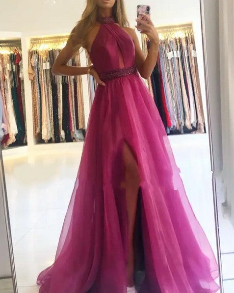 Sexy Pink High-Neck A-Line Side Slit Long Prom Dress Ideas, Evening Party Dresses, OLP1286