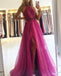Sexy Pink High-Neck A-Line Side Slit Long Prom Dress Ideas, Evening Party Dresses, OLP1286