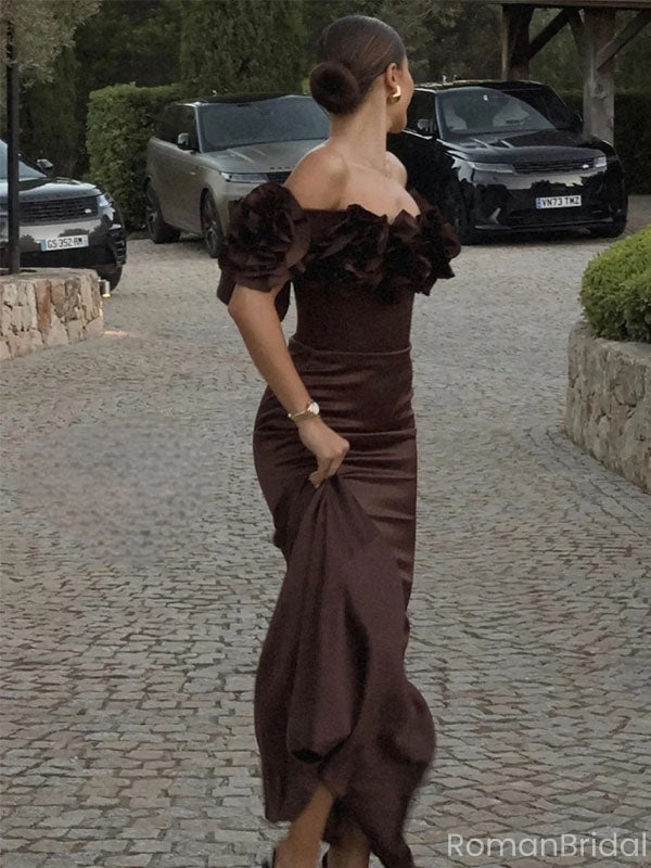 Elegant Brown Off-Shoulder Mermaid Floral Long Prom Dress Ideas, Evening Party Dresses, OLP1387