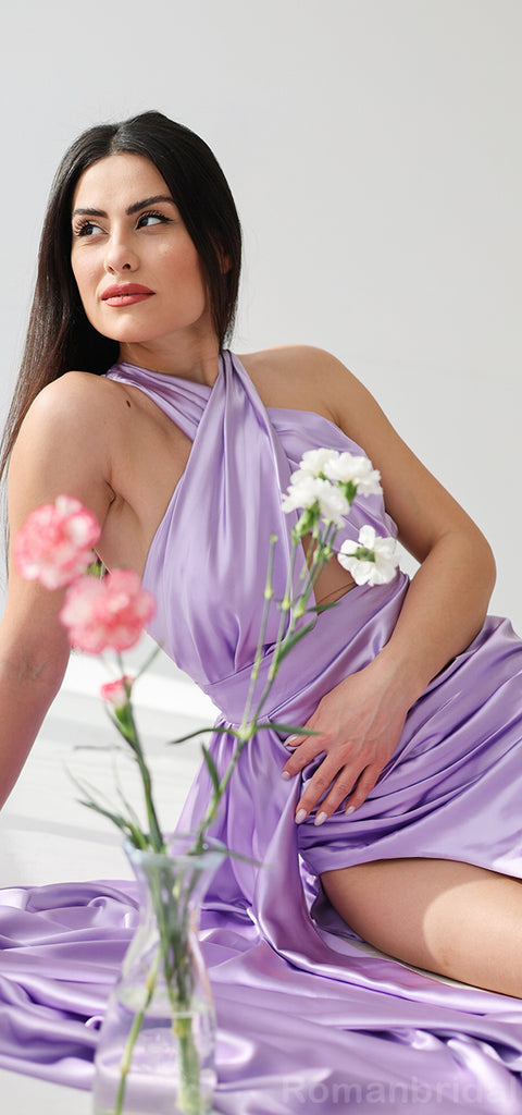 Elegant Halter Lilac Mermaid Side Slit Long Bridesmaid Dresses Online, BG427
