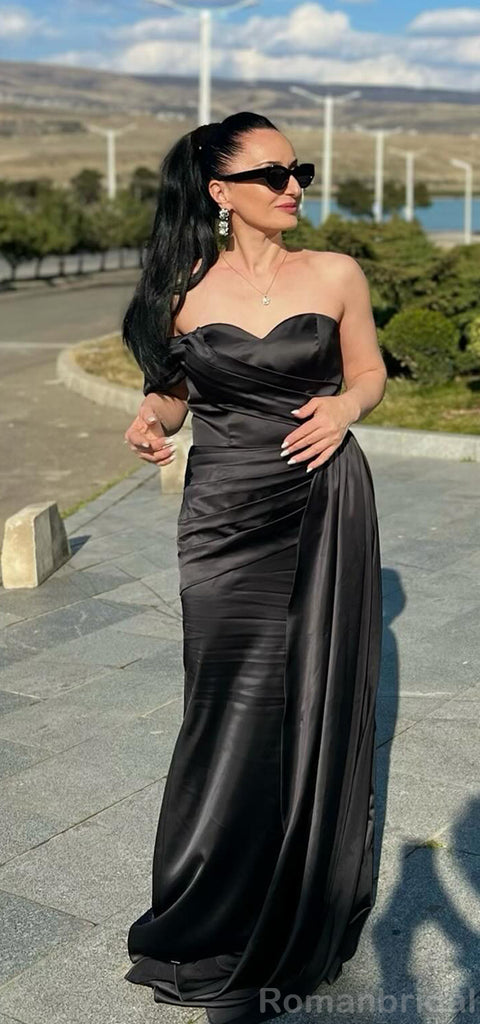 Simple Black Off the Shoulder Sweetheart Long Satin Bridesmaid Dresses Online, BG453