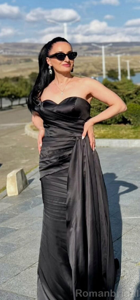 Simple Black Off the Shoulder Sweetheart Long Satin Bridesmaid Dresses Online, BG453