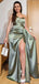 Elegant One Shoulder Dusty Sage Satin Mermaid Side Slit Long Bridesmaid Dresses Online, BG437