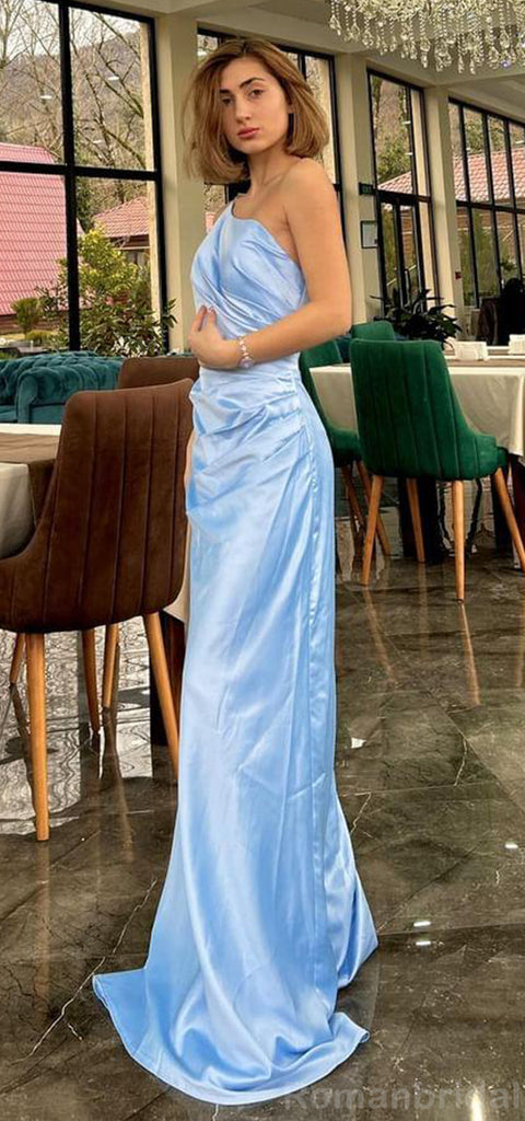Simple Straps One Shoulder Mermaid Sky Blue Satin Long Bridesmaid Dresses Online, BG442