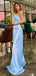 Simple Straps One Shoulder Mermaid Sky Blue Satin Long Bridesmaid Dresses Online, BG442