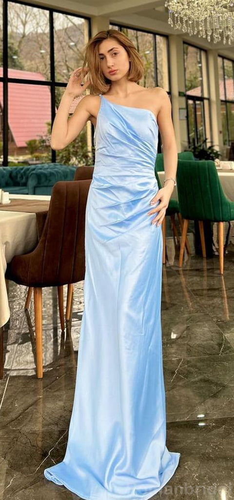 Simple Straps One Shoulder Mermaid Sky Blue Satin Long Bridesmaid Dresses Online, BG442
