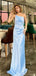 Simple Straps One Shoulder Mermaid Sky Blue Satin Long Bridesmaid Dresses Online, BG442