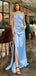 Simple Straps One Shoulder Mermaid Sky Blue Satin Long Bridesmaid Dresses Online, BG442