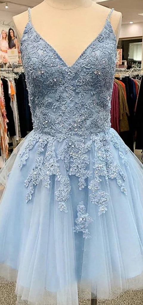 Elegant V-neck A-line Spaghetti Straps Tulle Short Homecoming Dresses Online, HD0687