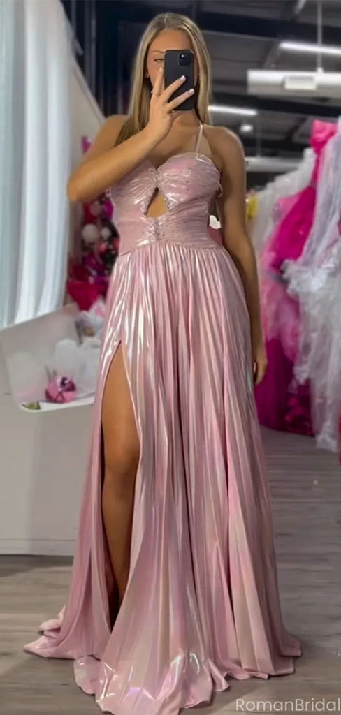 Elegant Pink Spaghetti Strap A-Line Side Slit Long Prom Dress Ideas, Evening Party Dresses, OLP1287