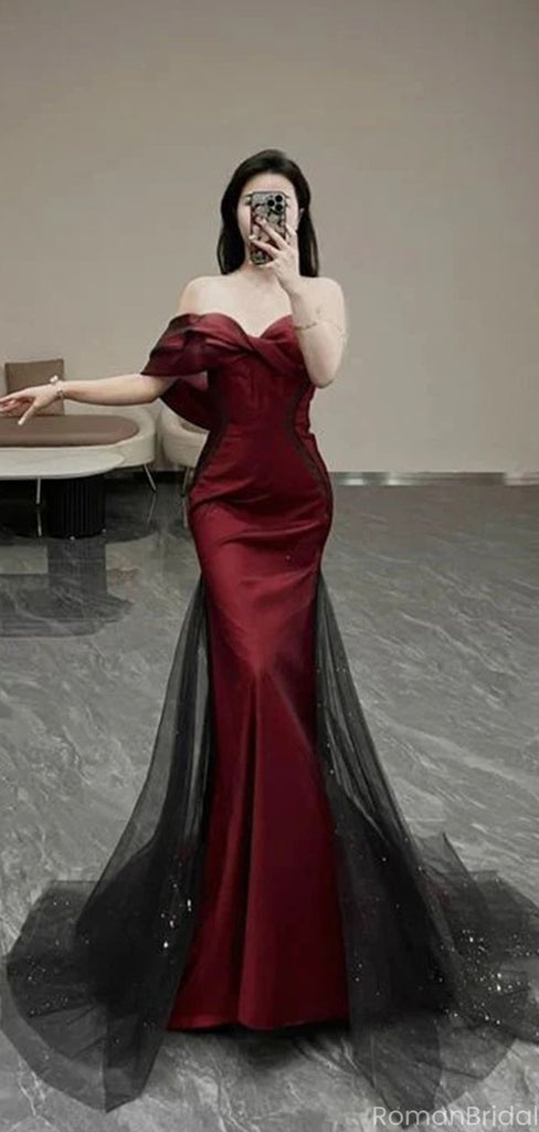 Elegant Red Off-Shoulder Mermaid Long Prom Dress Ideas, Evening Party Dresses, OLP1310