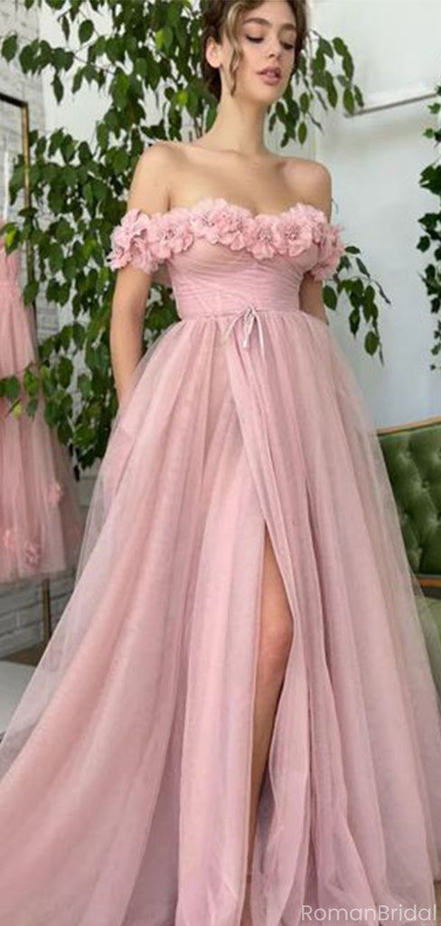 Elegant Pink Off-Shoulder Floral Mermaid Side Slit Long Prom Dress Ideas, Evening Party Dresses, OLP1296
