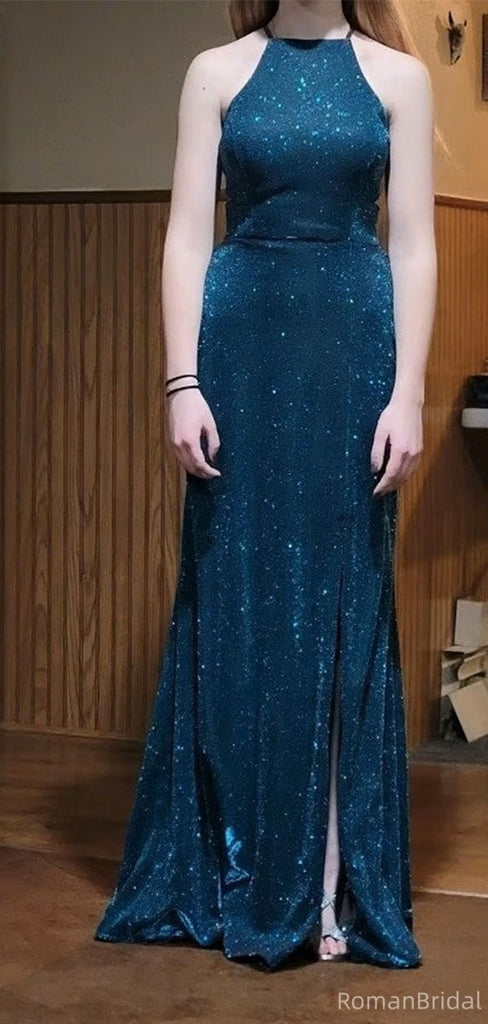 Shiny Blue Halter Mermaid Long Prom Dress Ideas, Evening Party Dresses, OLP1363