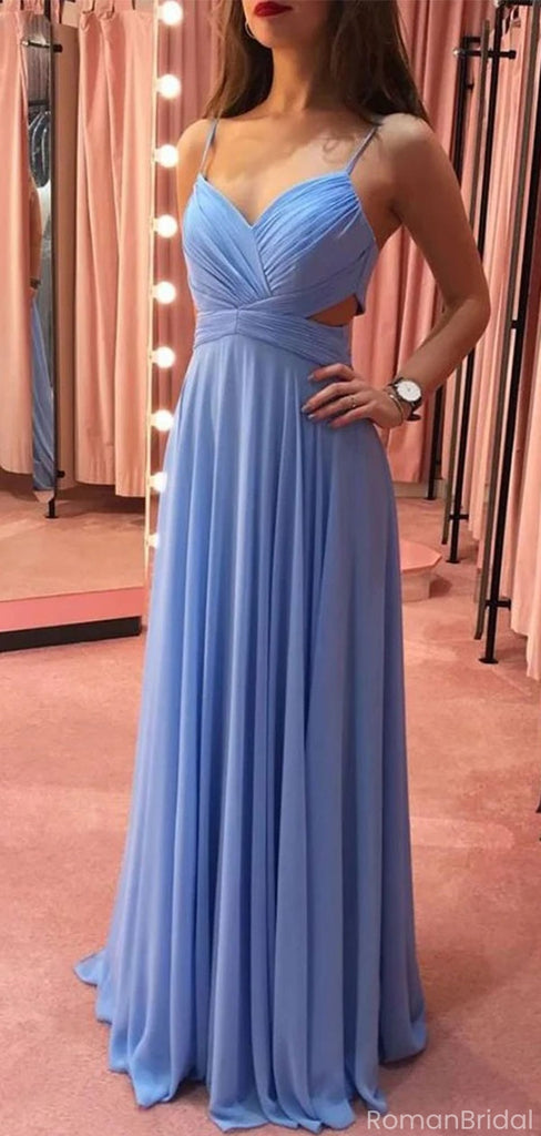 Elegant Blue Spaghetti-Strap A-Line Long Prom Dress Ideas, Evening Party Dresses, OLP1270