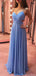 Elegant Blue Spaghetti-Strap A-Line Long Prom Dress Ideas, Evening Party Dresses, OLP1270