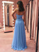 Elegant Blue Spaghetti-Strap A-Line Long Prom Dress Ideas, Evening Party Dresses, OLP1270