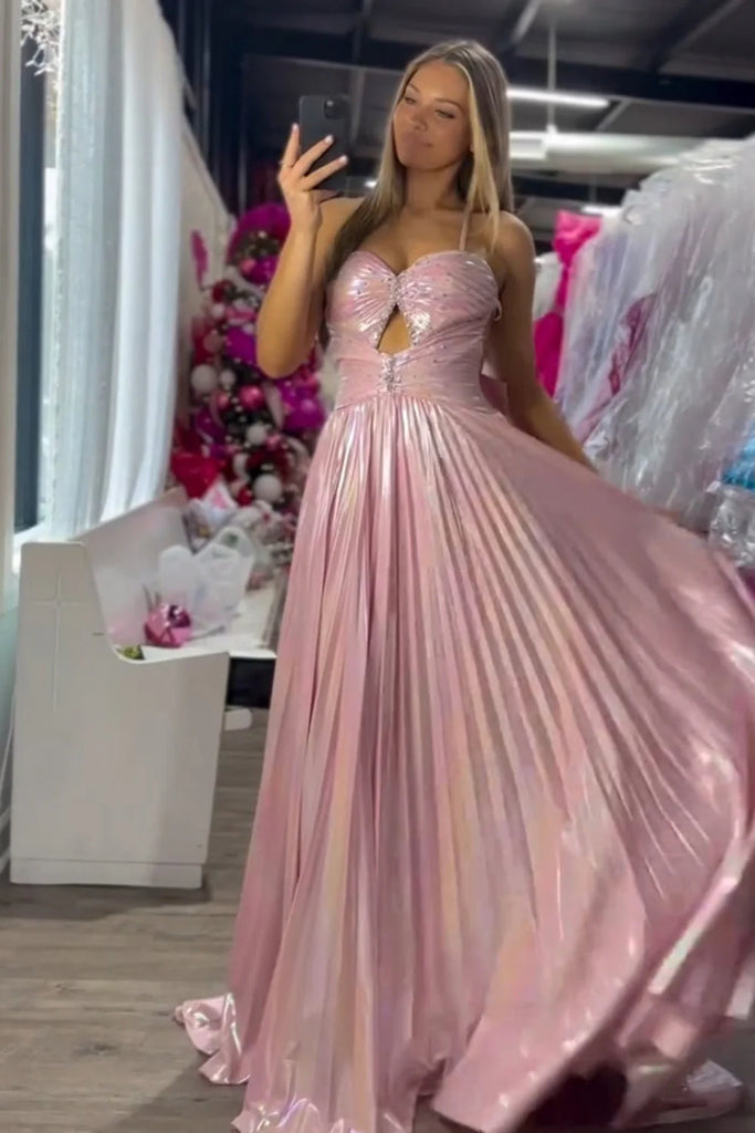 Elegant Pink Spaghetti Strap A-Line Side Slit Long Prom Dress Ideas, Evening Party Dresses, OLP1287