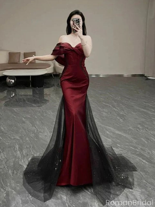Elegant Red Off-Shoulder Mermaid Long Prom Dress Ideas, Evening Party Dresses, OLP1310
