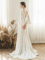Elegant long Sleeves V-neck A-line Backless Lace White Wedding Dresses, WD0544