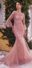 Unique Pink Lace Long Sleeve Mermaid  Long Prom Dress Ideas, Evening Party Dresses, OLP1333